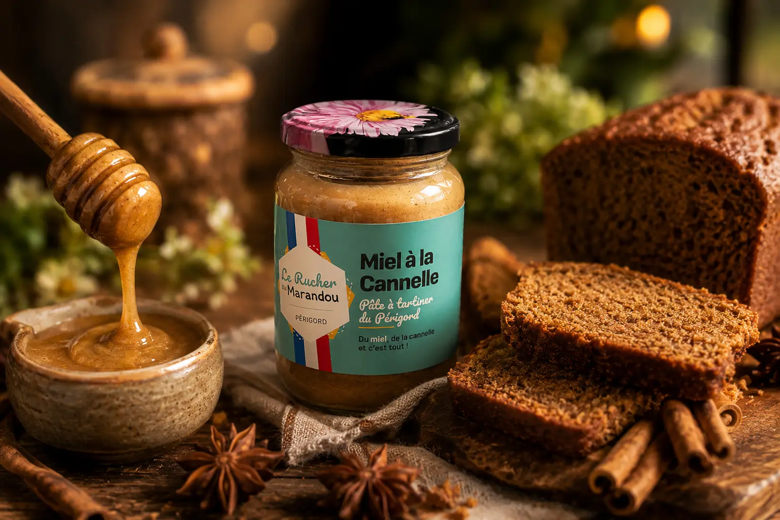 Pain d’épices au miel et miel à la cannelle – Le Rucher du Marandou Pain d’épices moelleux au miel accompagné d’un pot de miel à la cannelle du Rucher du Marandou