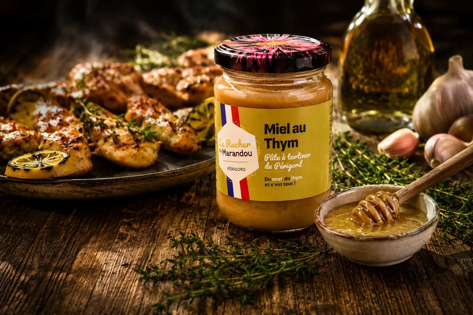Miel au thym du Périgord pour marinades et grillades Miel au thym du Périgord utilisé pour une marinade gourmande avec grillades de poulet, thym frais et ingrédients de cuisine méditerranéenne