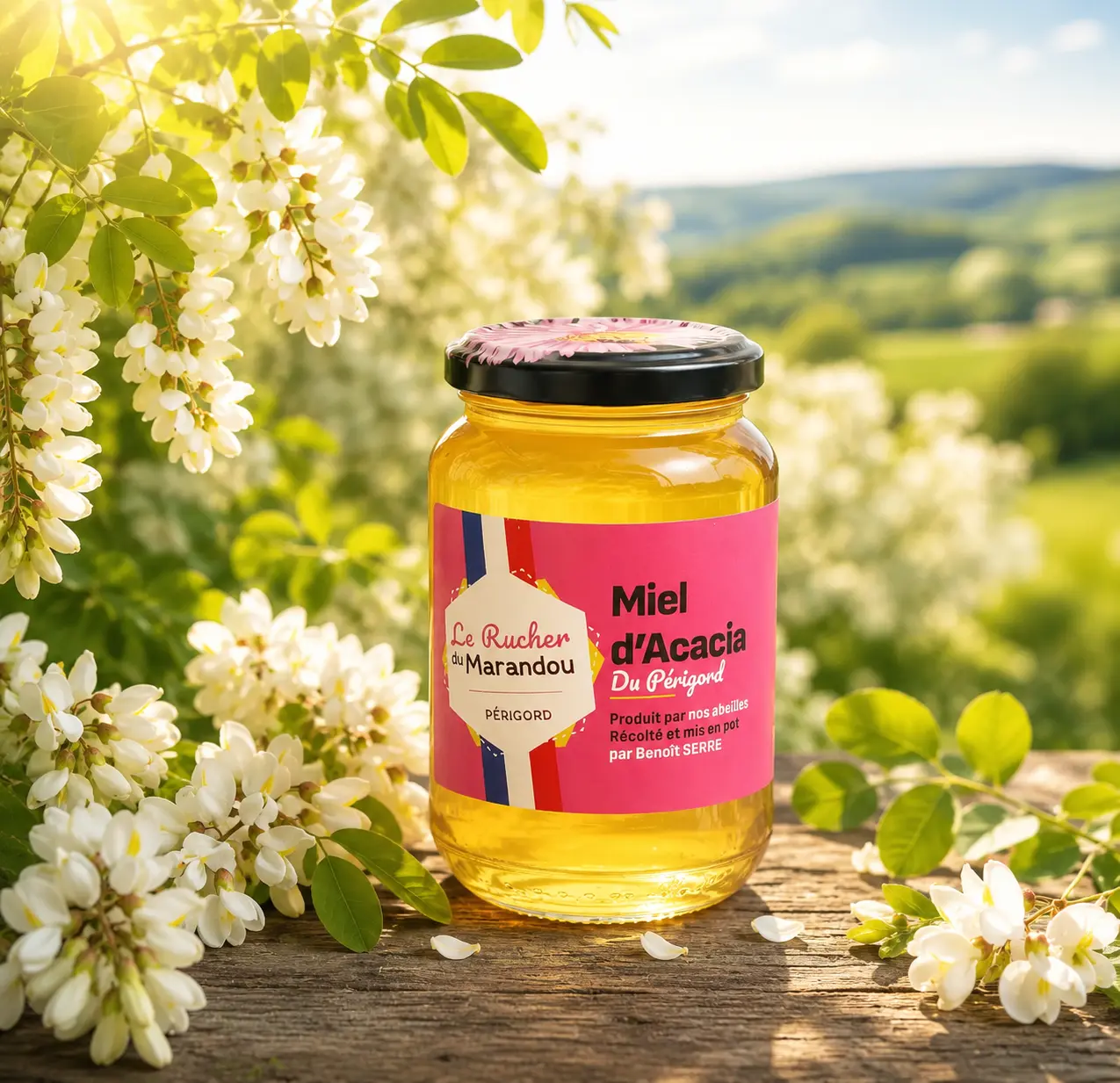 Miel d’acacia du Périgord – Récolte 2026 Miel d’acacia artisanal du Périgord entouré de fleurs d’acacia au printemps