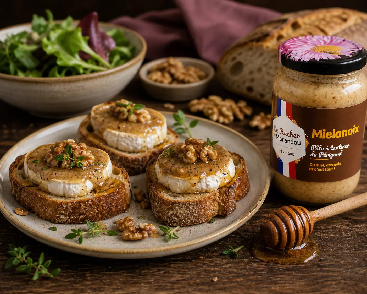 Mielonoix et toasts de chèvre chaud au miel et noix Toasts de chèvre chaud garnis de pâte à tartiner Mielonoix avec noix et miel