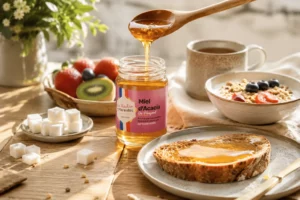 Petit-déjeuner équilibré avec miel d’acacia artisanal du Rucher du Marandou