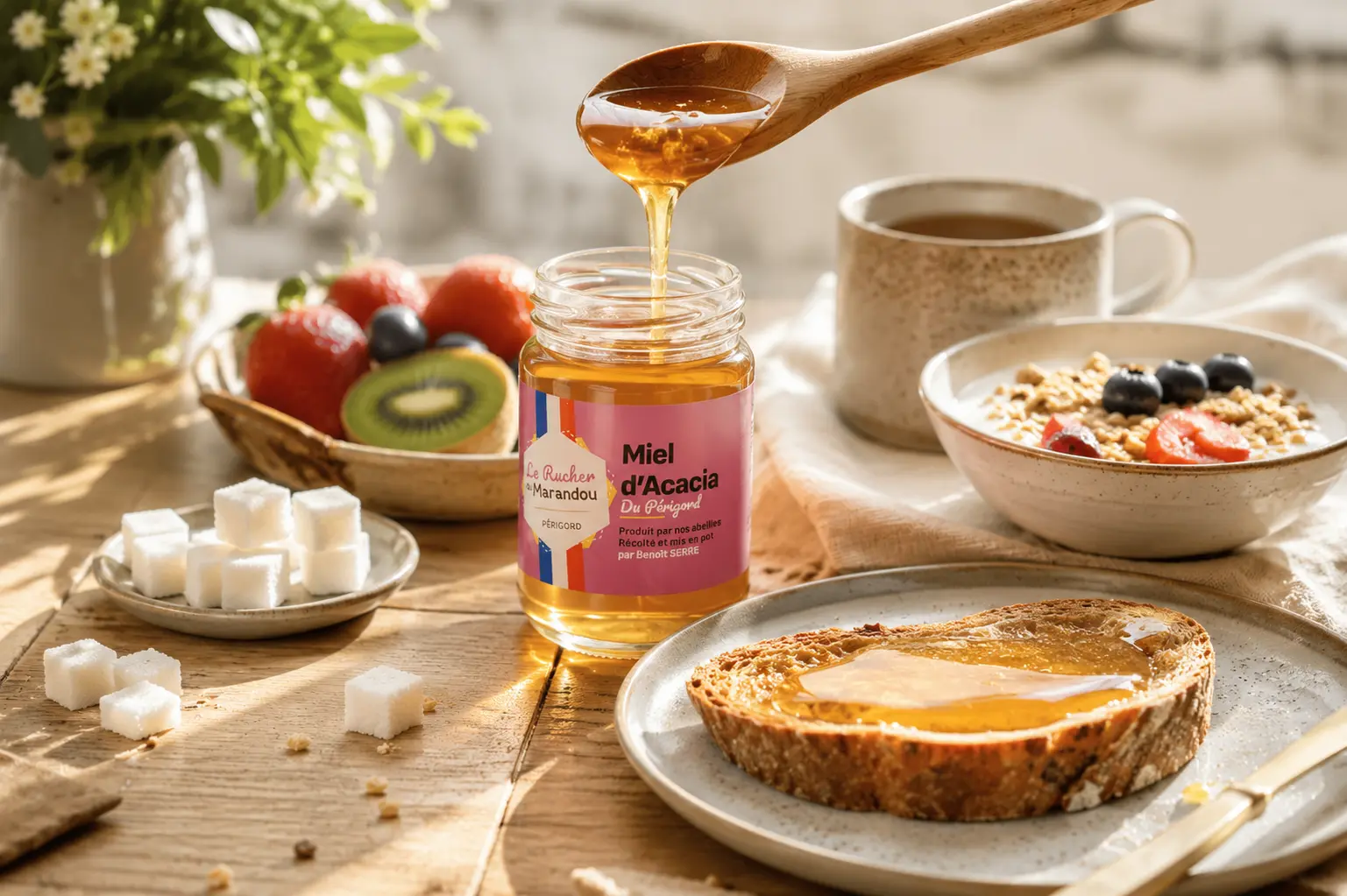 Petit déjeuner artisanal avec miel d'Acacia Petit-déjeuner équilibré avec miel d’acacia artisanal du Rucher du Marandou