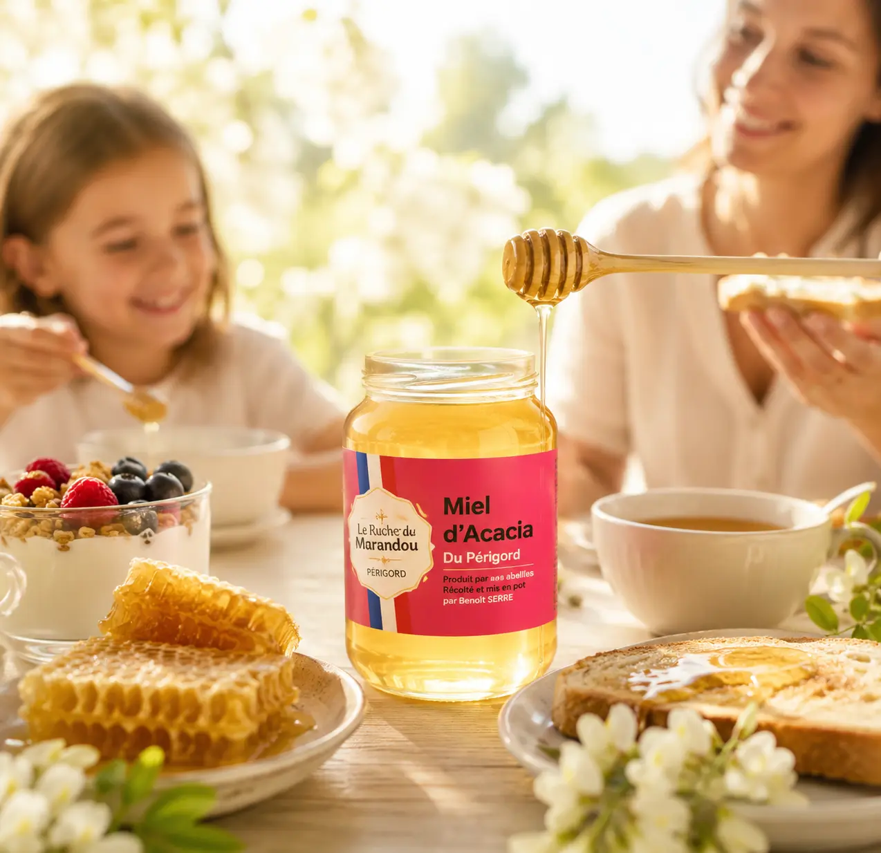 Petit-déjeuner au miel d’acacia du Périgord Petit-déjeuner familial avec miel d’acacia du Périgord sur tartines, yaourt et thé
