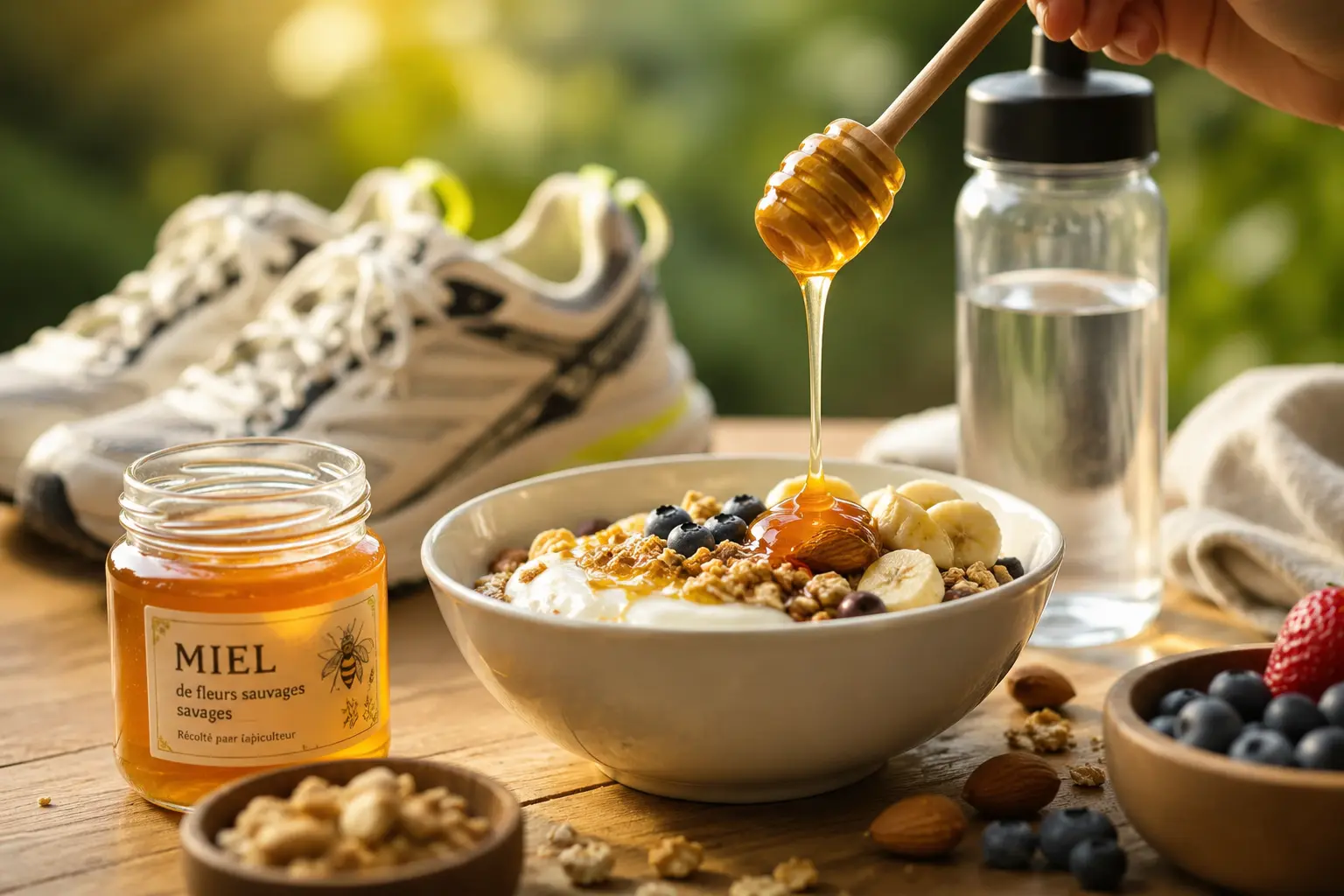 Petit-déjeuner sportif gourmand au miel artisanal Petit-déjeuner sportif avec yaourt, fruits frais, granola et miel artisanal versé à la cuillère à côté de chaussures de running