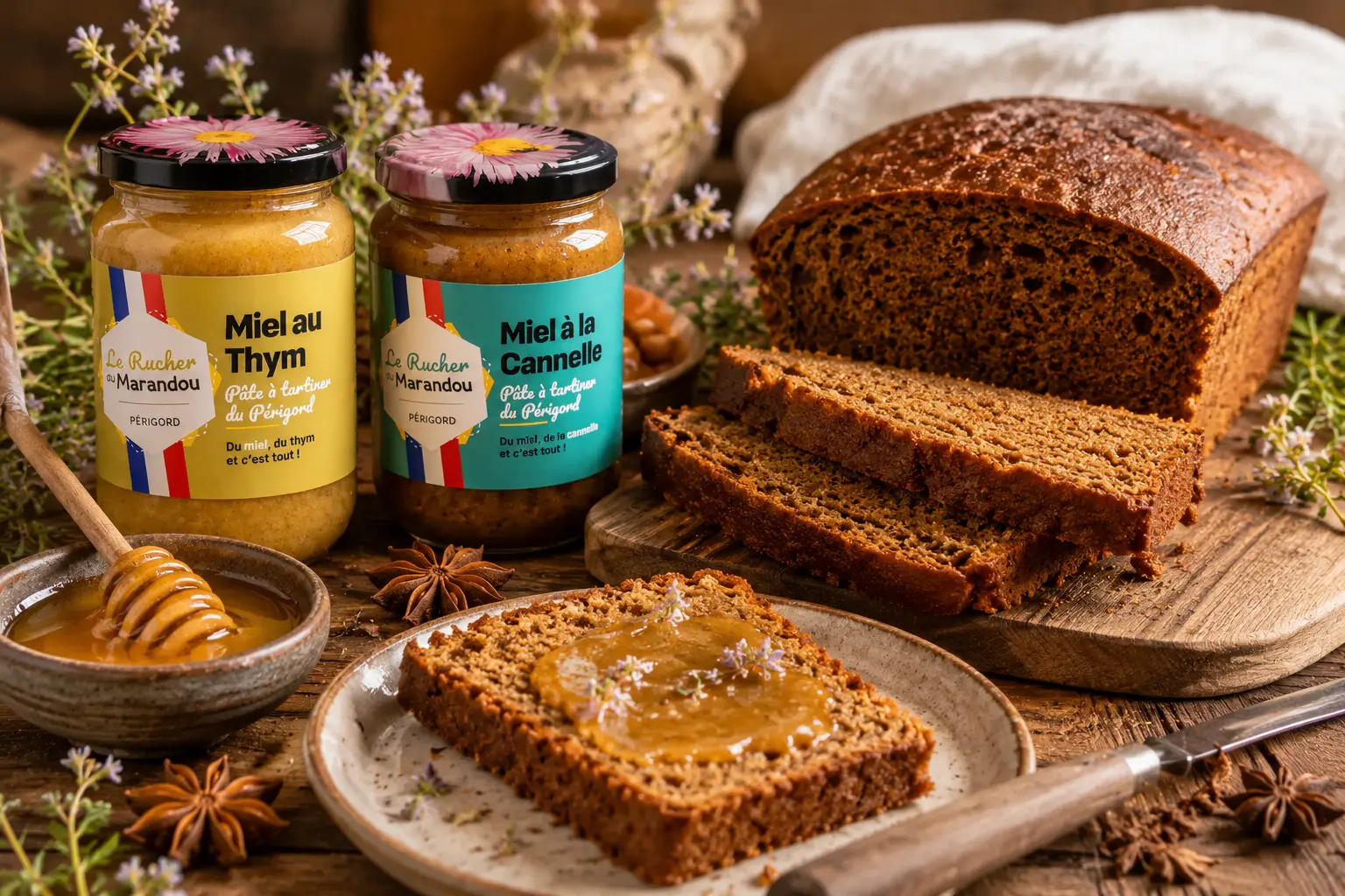 Pain d’épices au miel et pâtes à tartiner artisanales – Le Rucher du Marandou Pain d’épices artisanal accompagné de deux pots de miel au thym et miel à la cannelle du Rucher du Marandou