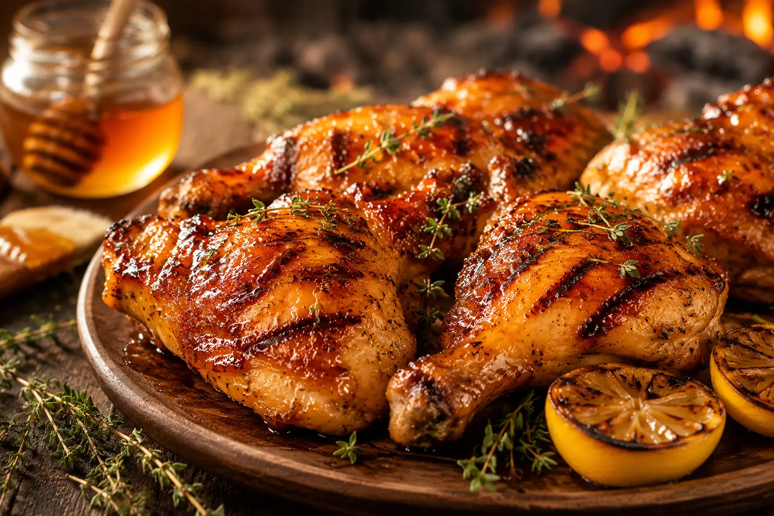 Poulet grillé au miel et herbes Poulet grillé mariné au miel avec herbes aromatiques, citron grillé et caramélisation au barbecue