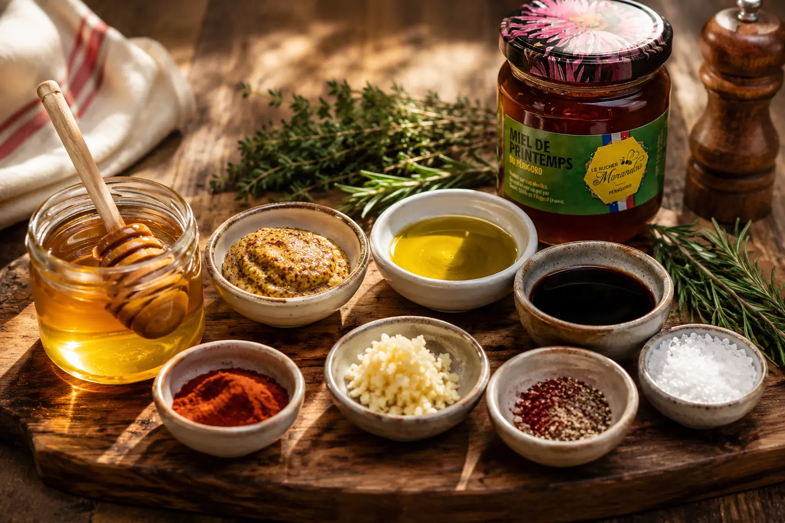 Ingrédients marinade miel moutarde barbecue – Le Rucher du Marandou Ingrédients d’une marinade au miel pour barbecue avec moutarde, huile d’olive, ail, paprika fumé et miel de printemps du Périgord
