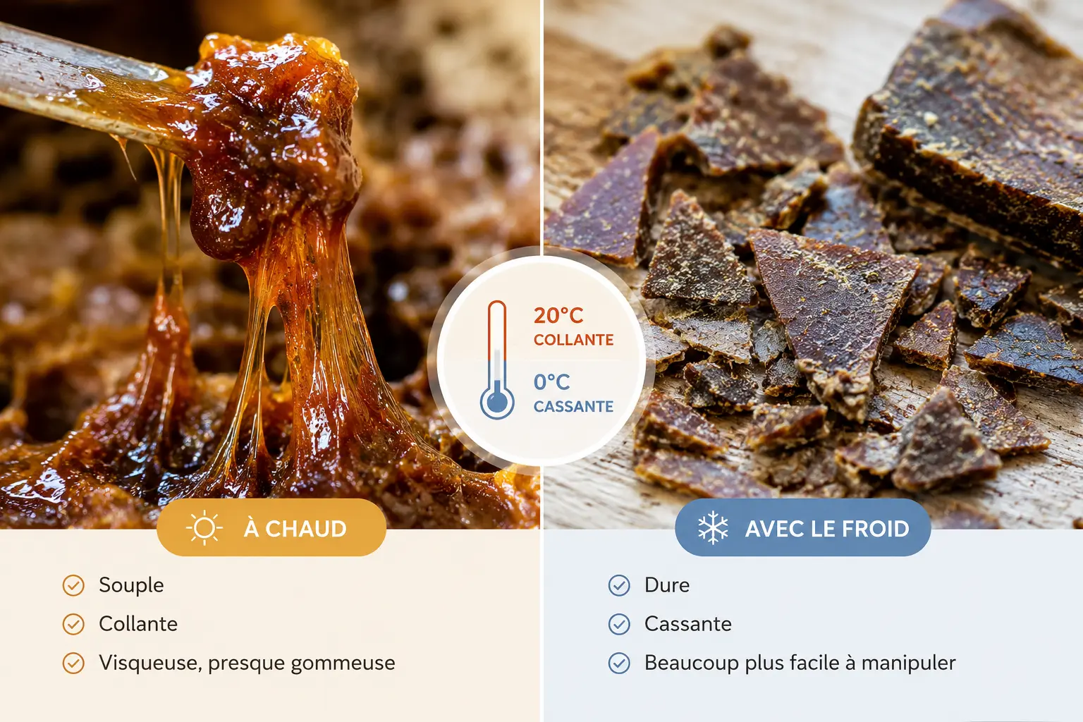 Texture de la propolis selon la température Comparaison de la texture de la propolis à chaud et avec le froid