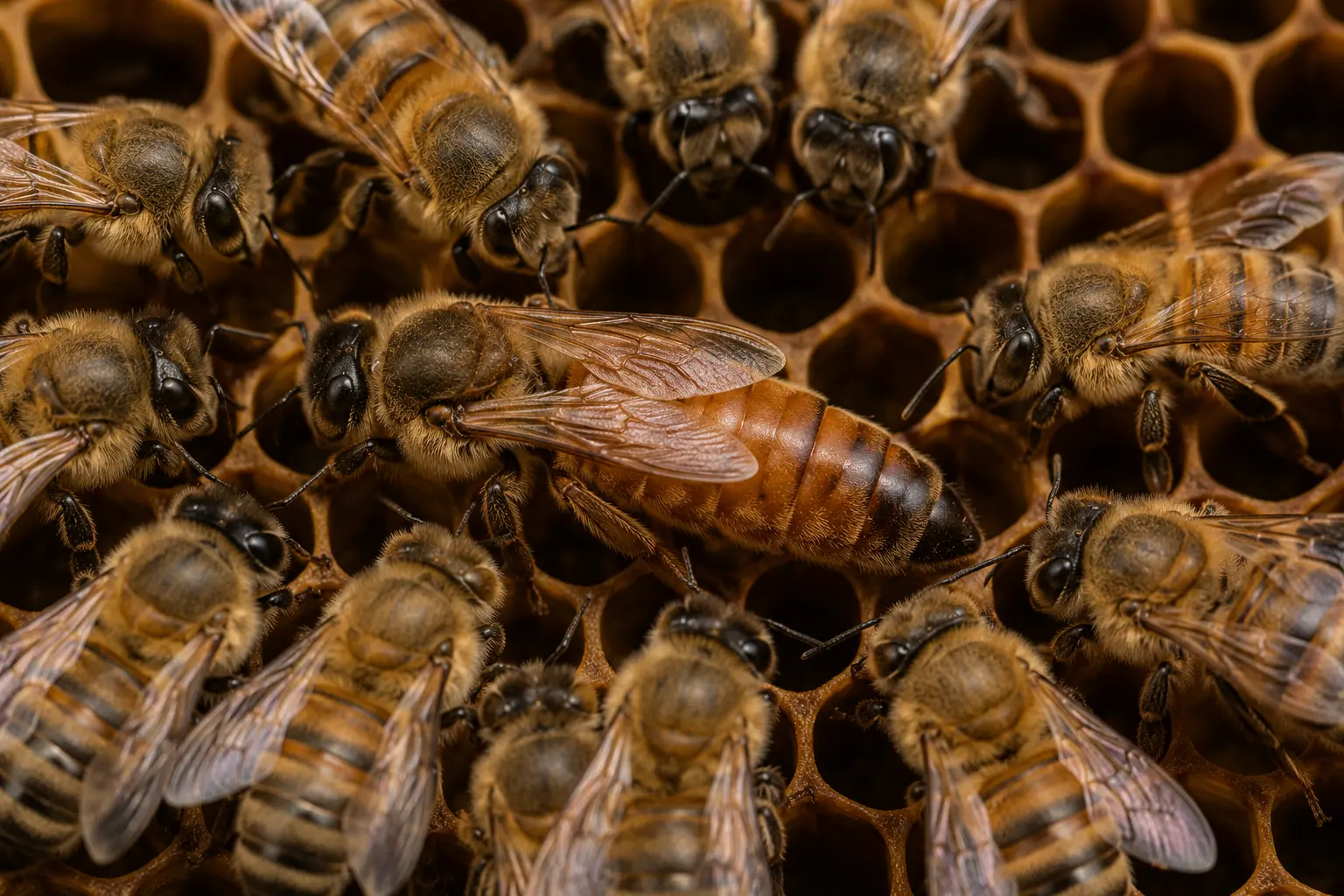 Reine abeille entourée d’ouvrières sur un cadre de ruche en photographie macro