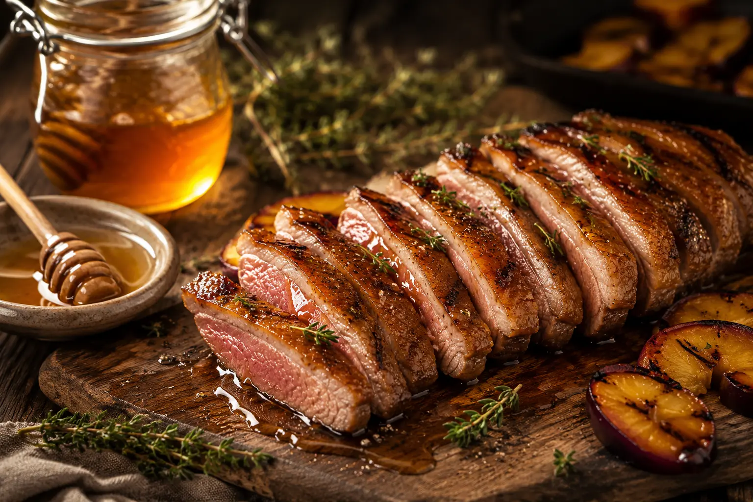 Magret de canard au miel et grillades gourmandes Magret de canard grillé au miel avec caramélisation dorée, thym frais et fruits rôtis dans une ambiance barbecue gourmande