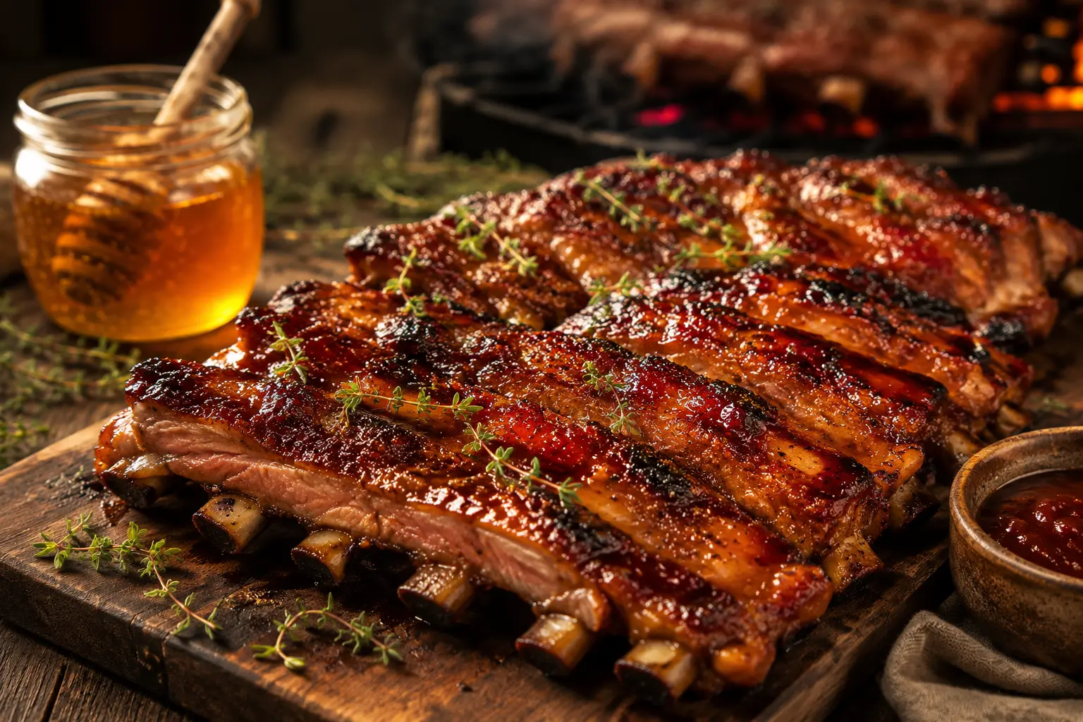 Travers de porc grillés au miel et sauce barbecue Travers de porc grillés au miel avec sauce barbecue caramélisée et cuisson au feu de bois