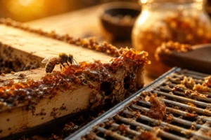 Abeille manipulant de la propolis sur un cadre de ruche au coucher du soleil