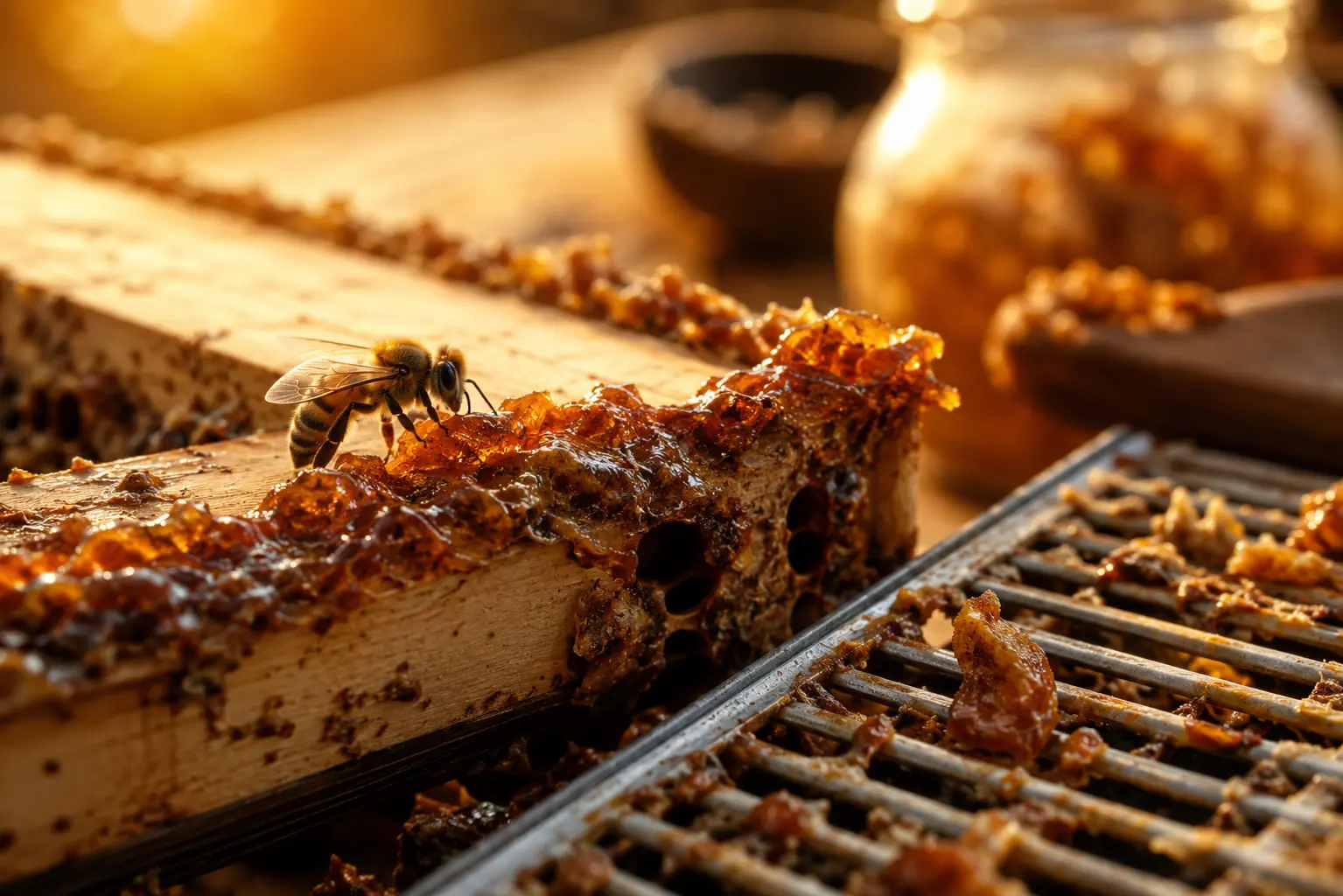 Propolis sur cadre de ruche – Le Rucher du Marandou Abeille manipulant de la propolis sur un cadre de ruche au coucher du soleil