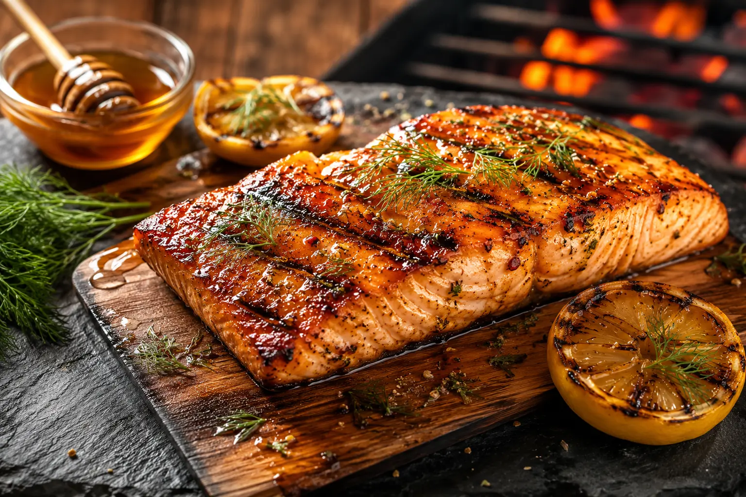 Saumon grillé au miel et citron rôti Saumon grillé au miel avec citron rôti, aneth frais et légère caramélisation au barbecue