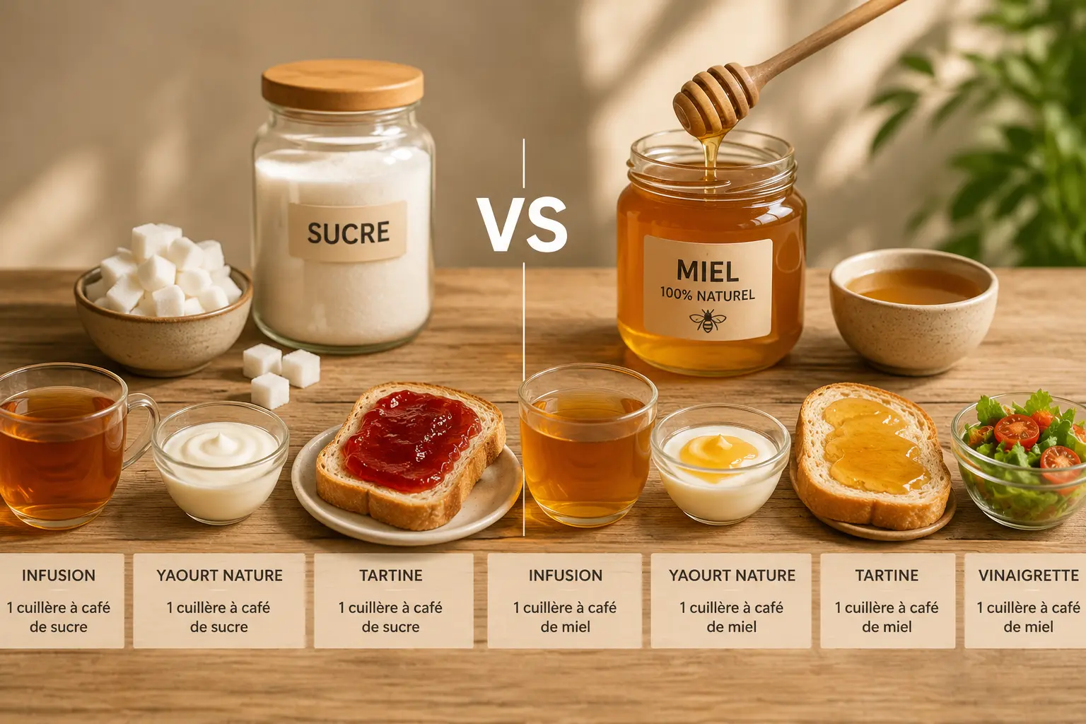 Sucre contre miel : quel choisir ? Comparatif entre sucre blanc et miel artisanal dans l’alimentation quotidienne avec infusion, yaourt et tartine