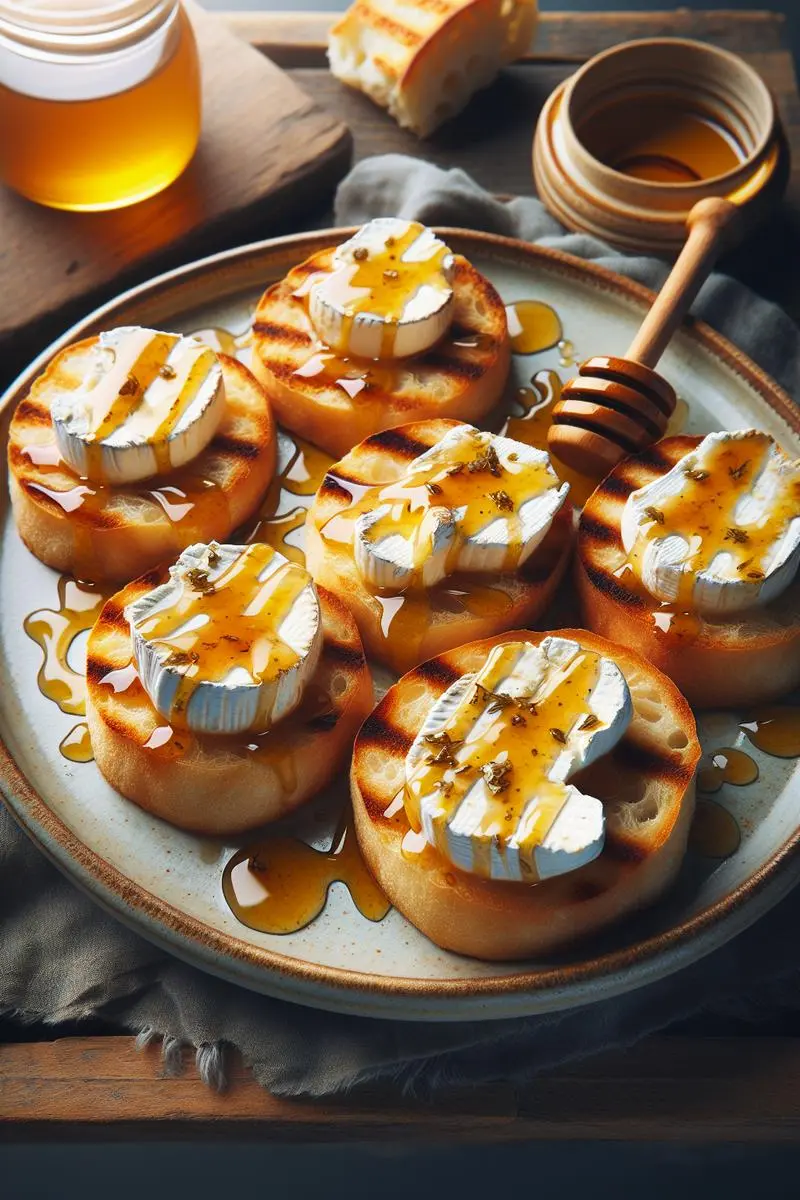 Toasts de chèvre chaud au miel et noix Toasts de chèvre chaud au miel avec noix et filet de miel