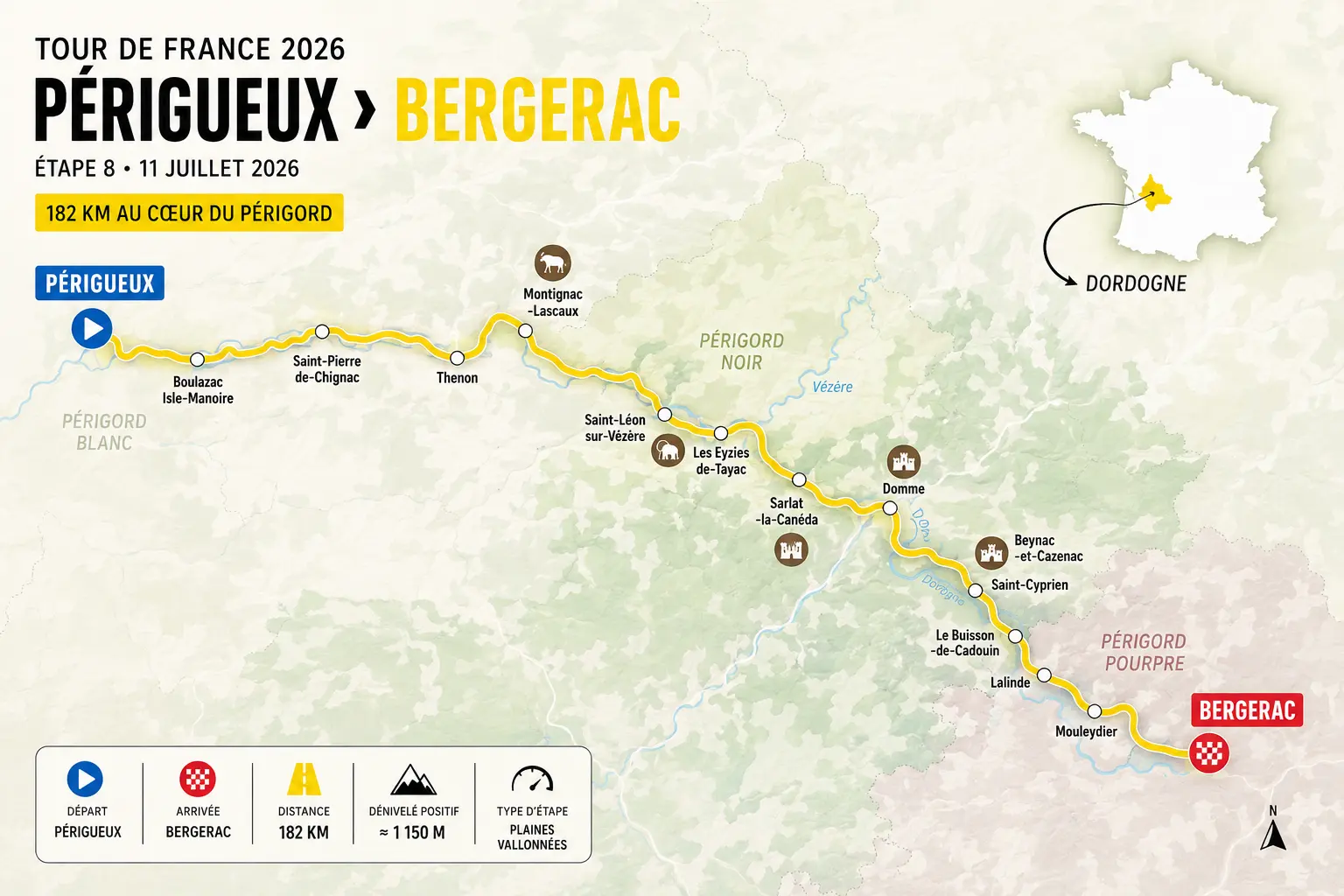 Carte du parcours Tour de France 2026 Périgueux Bergerac Carte du parcours du Tour de France 2026 en Dordogne entre Périgueux et Bergerac avec les principales communes traversées