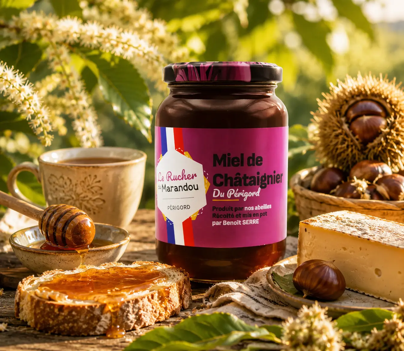 Miel du Périgord et délices rustiques Pot de miel de châtaignier du Périgord accompagné de pain, fromage et châtaignes dans une mise en scène gourmande et rustique