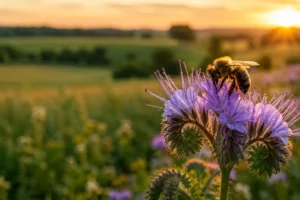 Abeille butinant une fleur de phacélie au coucher du soleil dans un paysage agricole