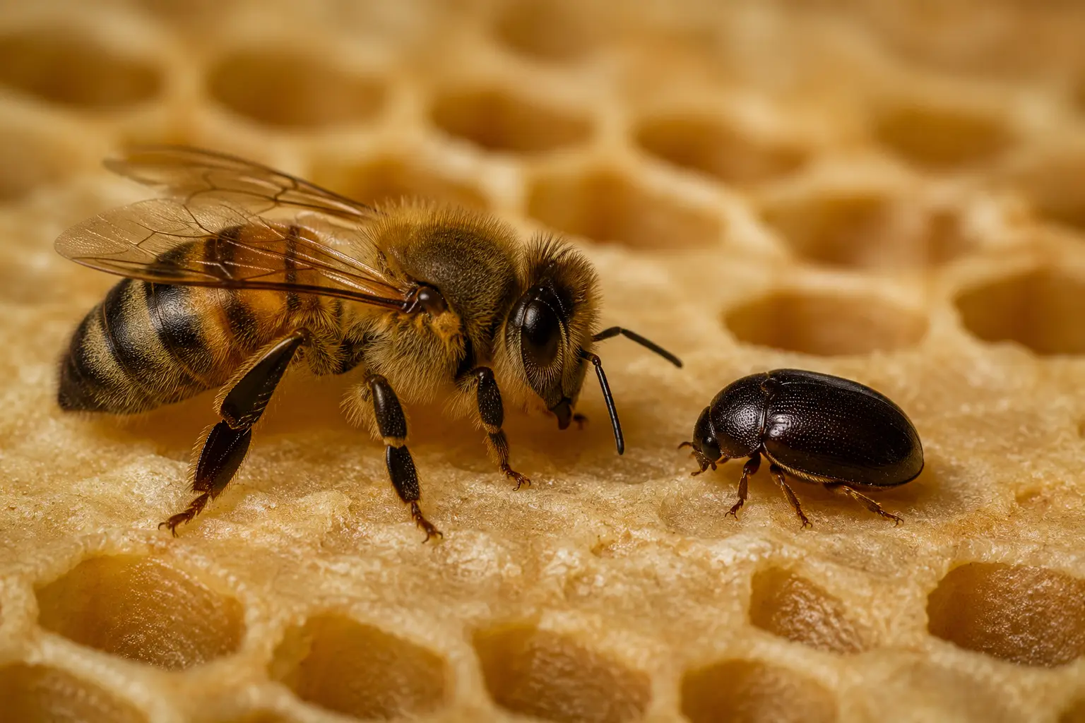 Abeille domestique à côté d'un Aethina tumida, le petit coléoptère des ruches, sur un rayon de cire.