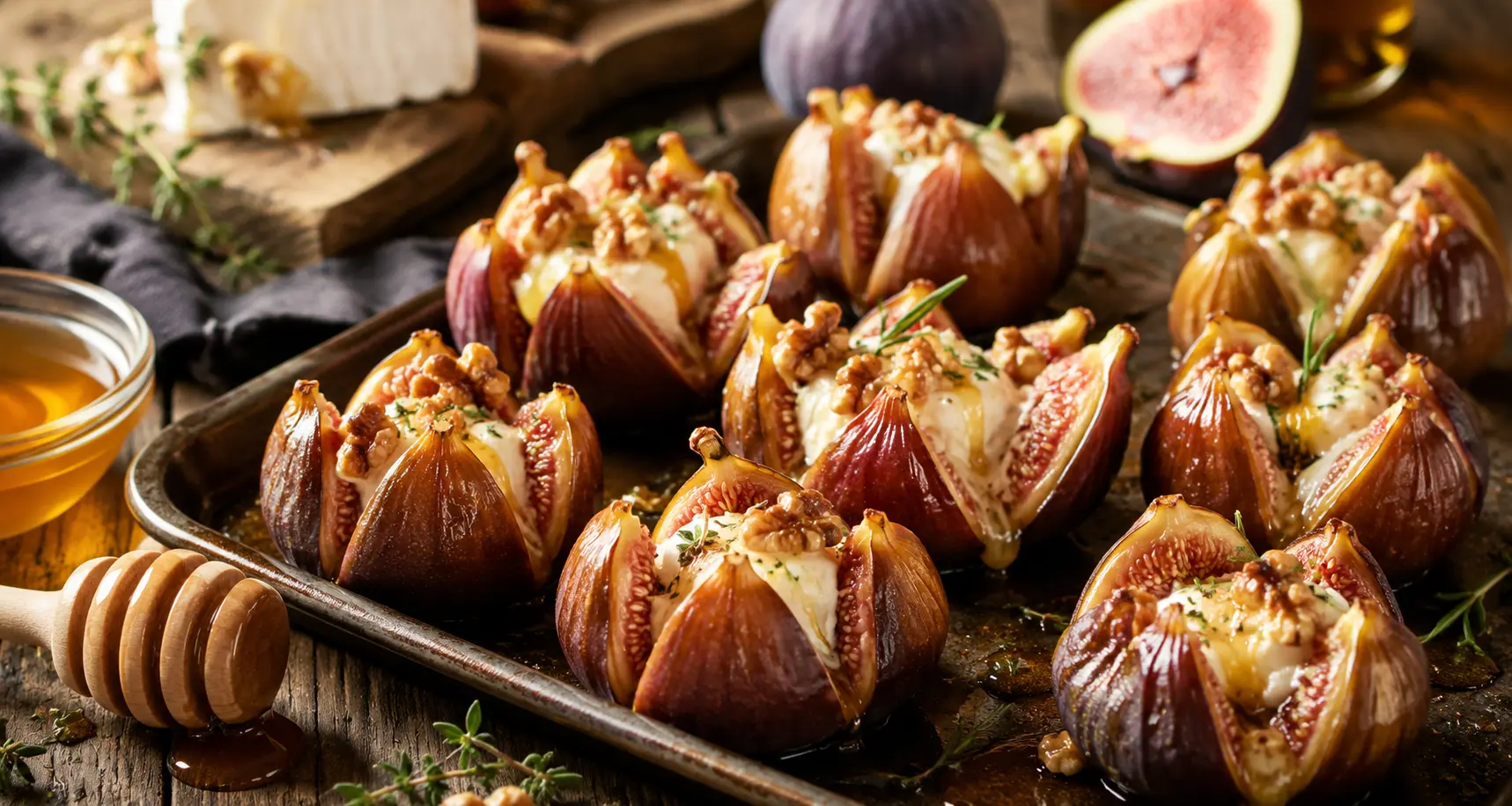 Figues rôties au miel de châtaignier, fromage de chèvre et noix fraîchement sorties du four sur une plaque de cuisson rustique.
