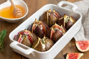Figues fraîches rôties au miel de châtaignier, fromage de chèvre et noix dans un plat allant au four.