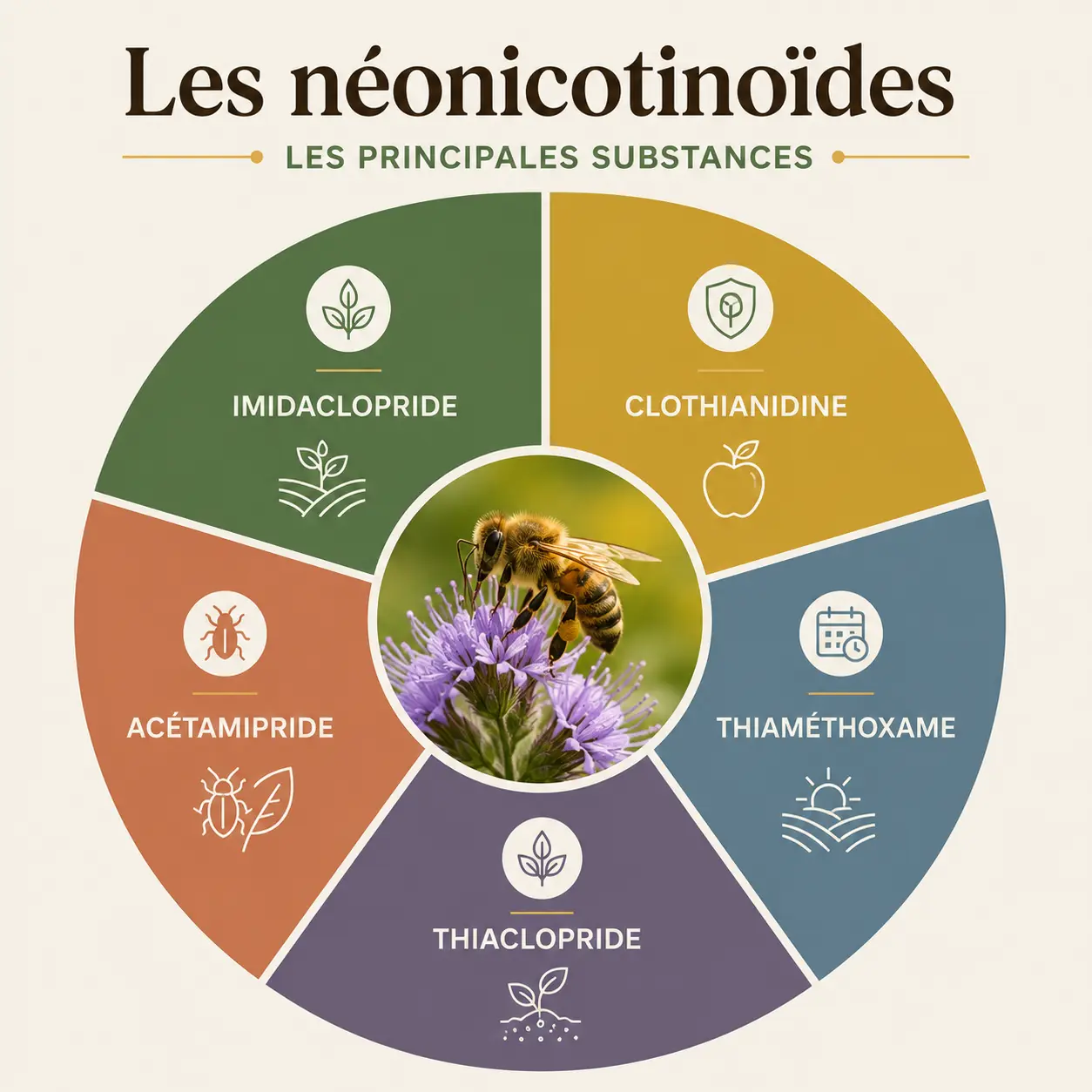 Infographie présentant les cinq principales substances de la famille des néonicotinoïdes autour d'une abeille sur une fleur