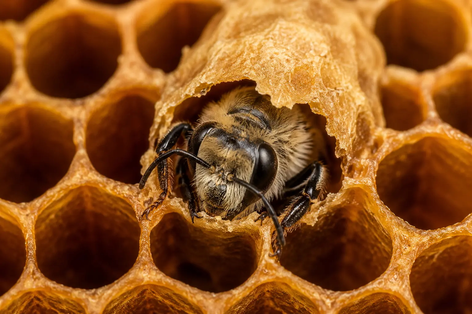 Abeille émergeant du rayon de miel Jeune faux bourdon émergeant de son alvéole après 24 jours