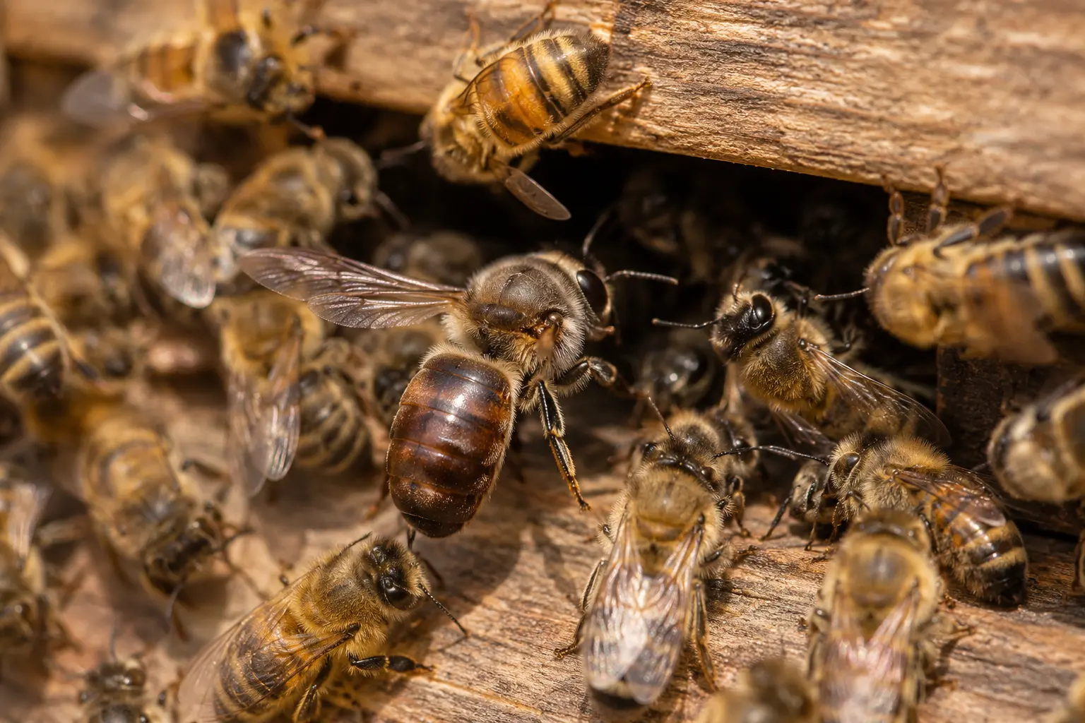 Abeilles à l’entrée de la ruche Faux bourdon entrant dans une ruche au milieu des abeilles ouvrières
