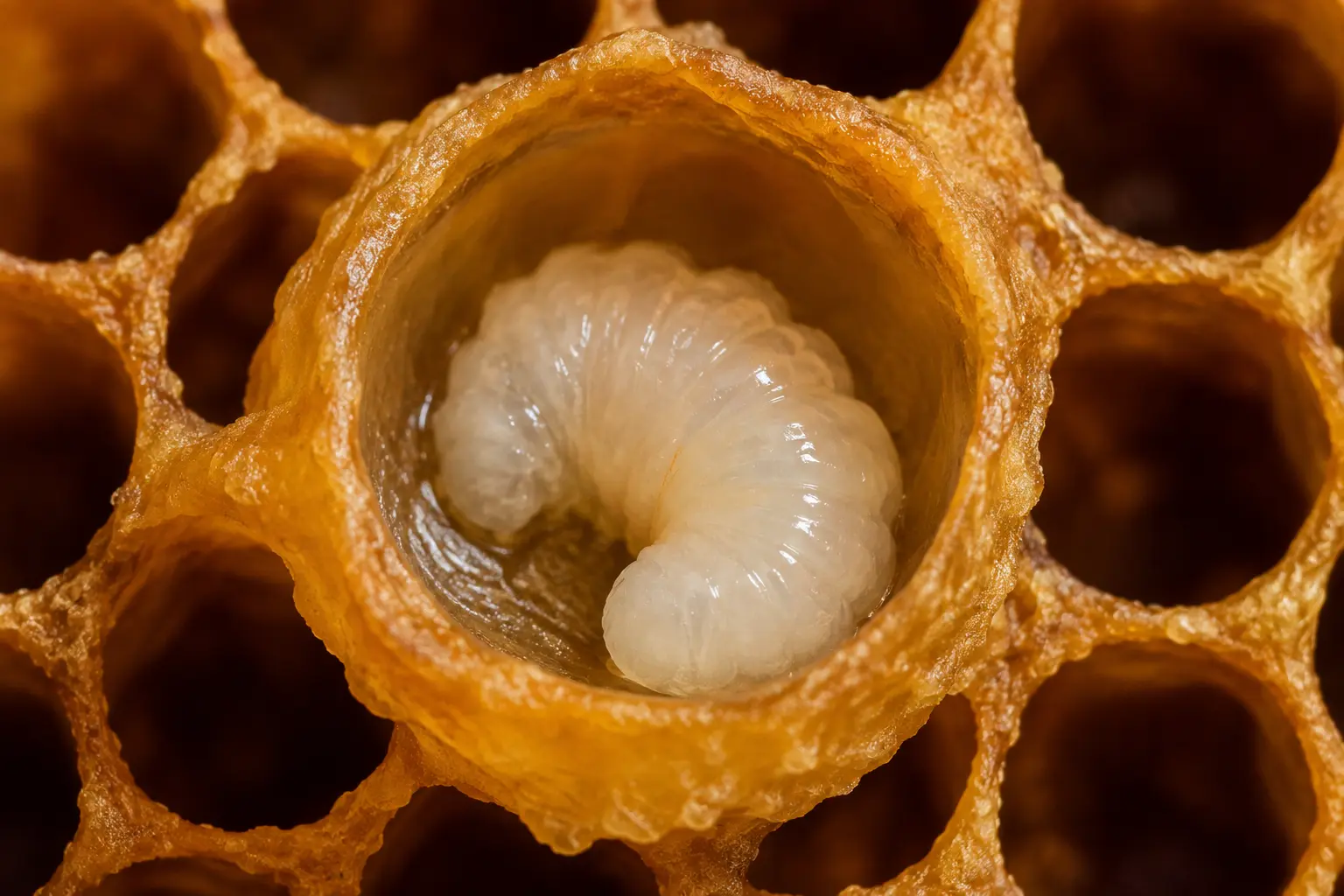 Larve d’abeille dans une alvéole ambrée Larve de faux bourdon dans une alvéole de la ruche