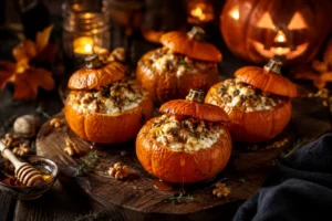 Mini-citrouilles farcies au chèvre, noix et miel pour Halloween