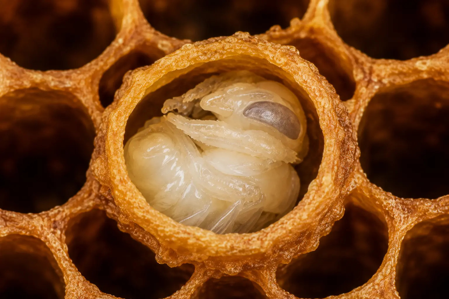 Nymphe d’abeille dans son alvéole (2) Nymphe de faux bourdon en développement dans une alvéole