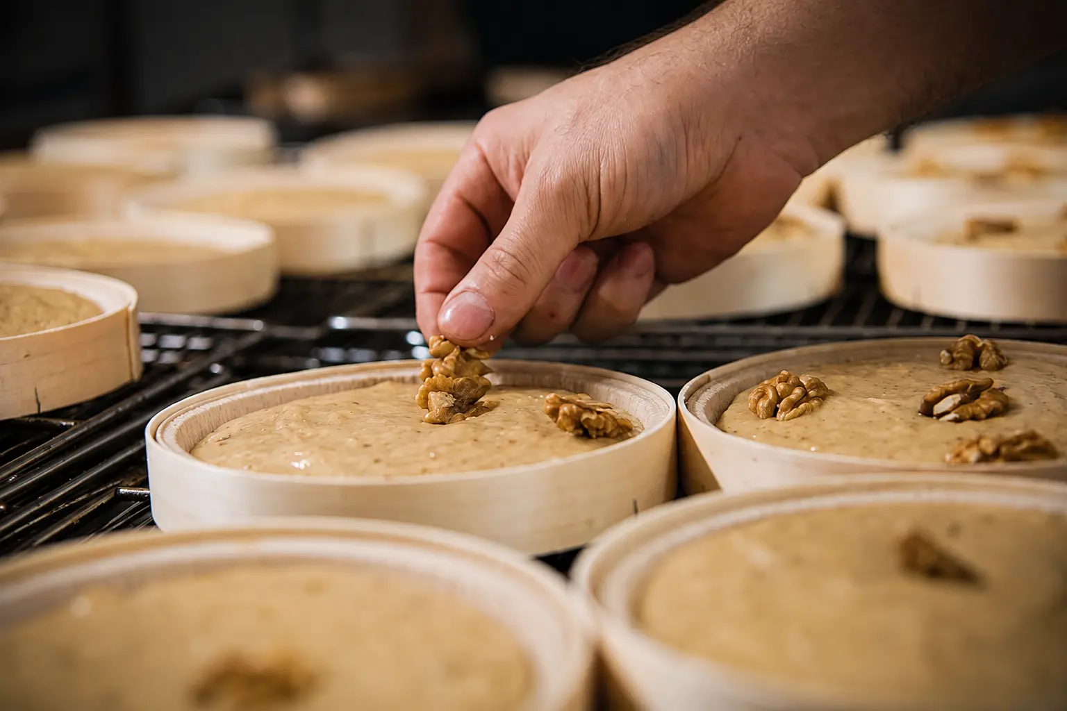 Préparation artisanale d'un gâteau aux noix dans l'atelier de la biscuiterie Lou Cocal à Sarlat-la-Canéda.