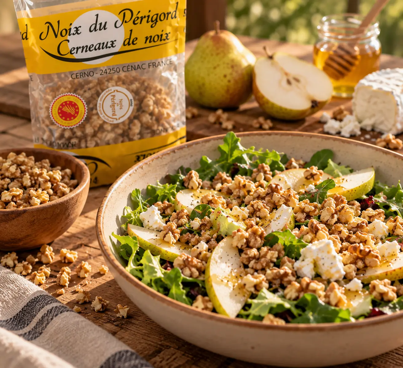 Salade gourmande aux noix du Périgord AOP Salade gourmande aux noix du Périgord AOP, chèvre et poire