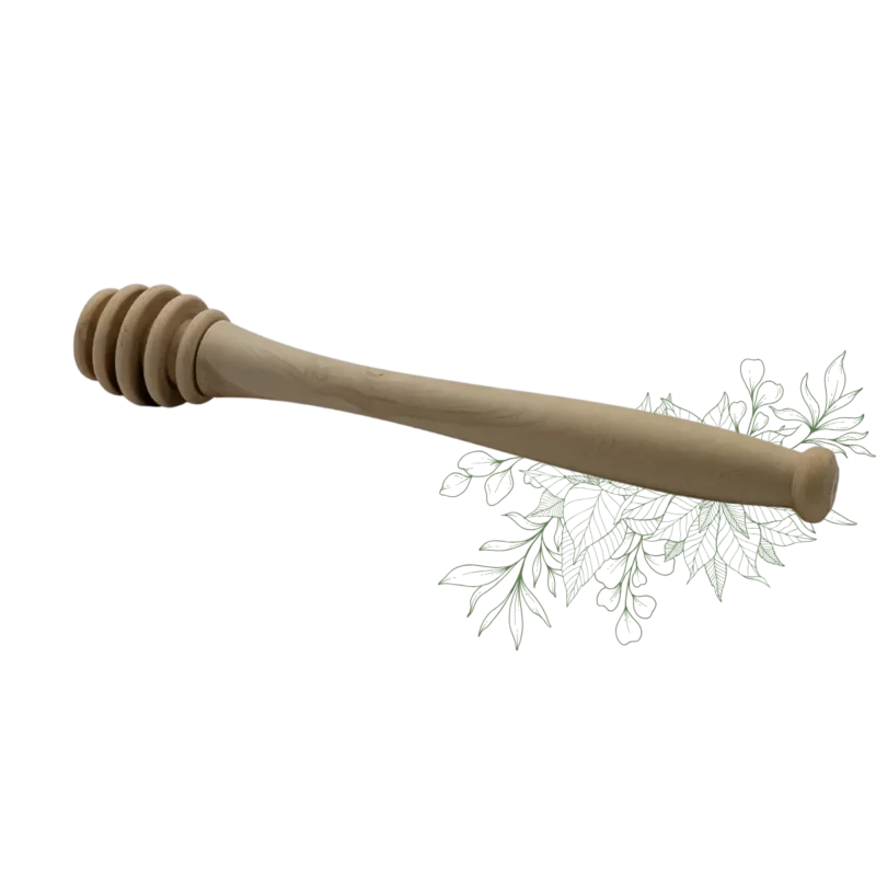 Cuillère à miel en bois de buis de 16 cm avec tête rainurée, présentée sur fond blanc avec une illustration végétale verte.