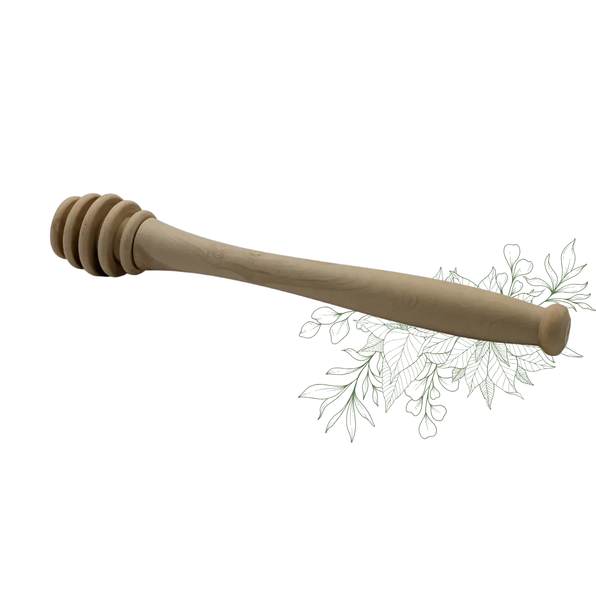 Cuillère à miel en bois de buis de 16 cm avec tête rainurée, présentée sur fond blanc avec une illustration végétale verte.