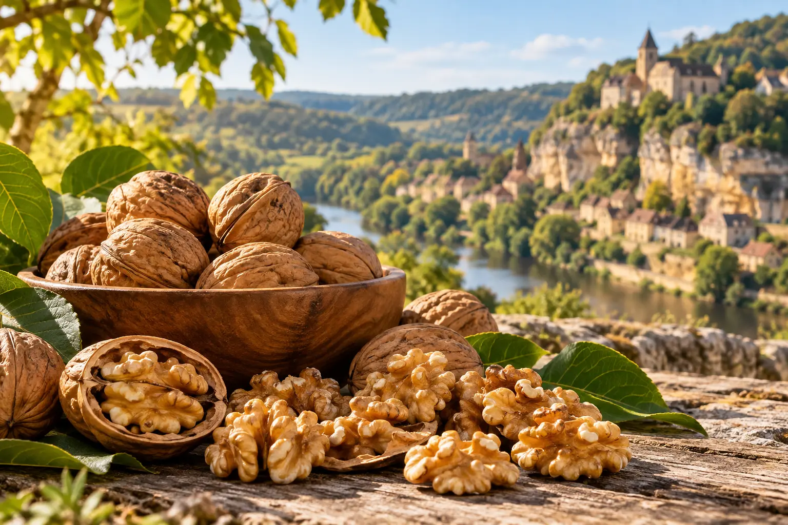Noix et cerneaux de noix présentés dans un décor inspiré de la vallée de la Dordogne, en Périgord