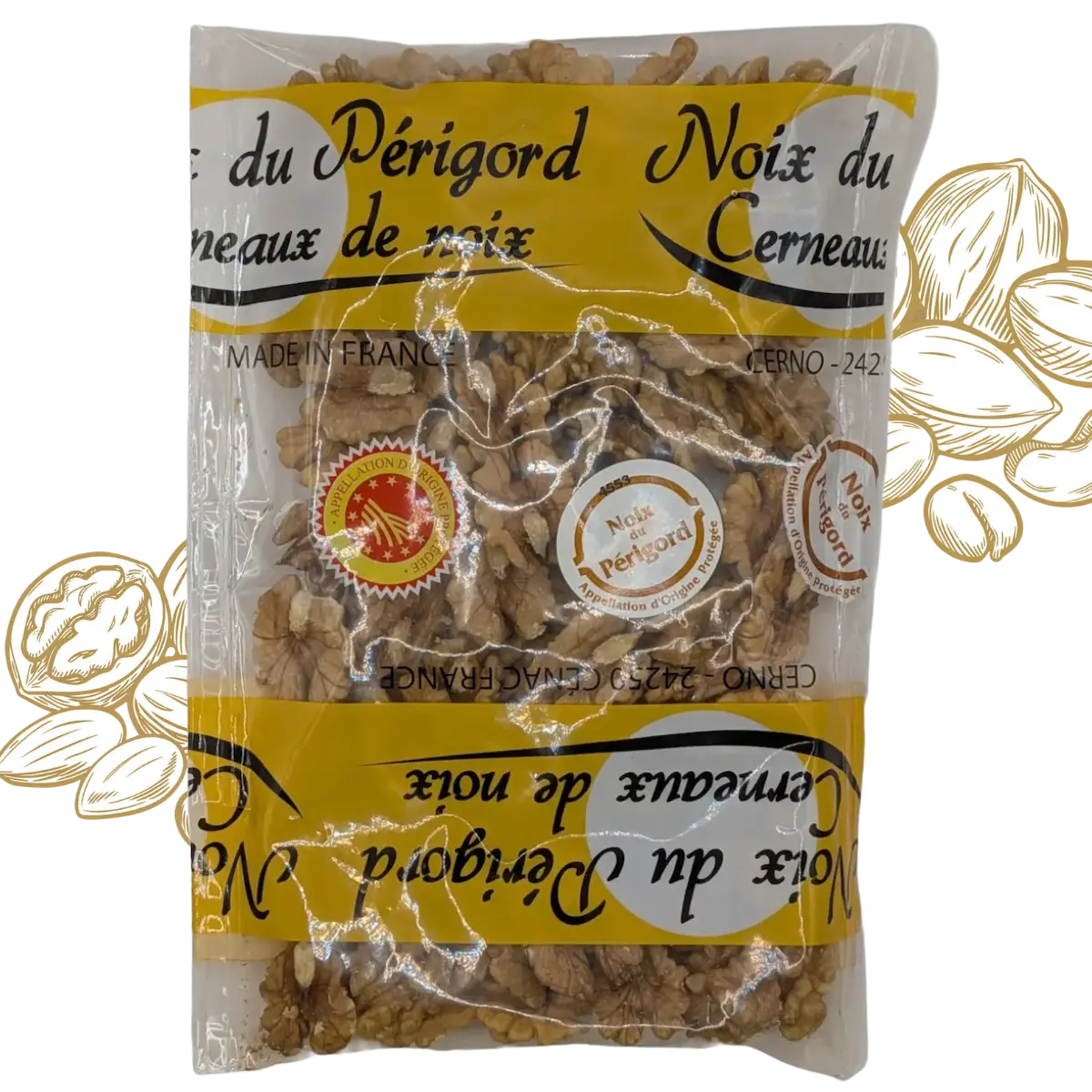 Sachet de cerneaux de noix du Périgord AOP Extra Moitié, avec demi-cerneaux visibles